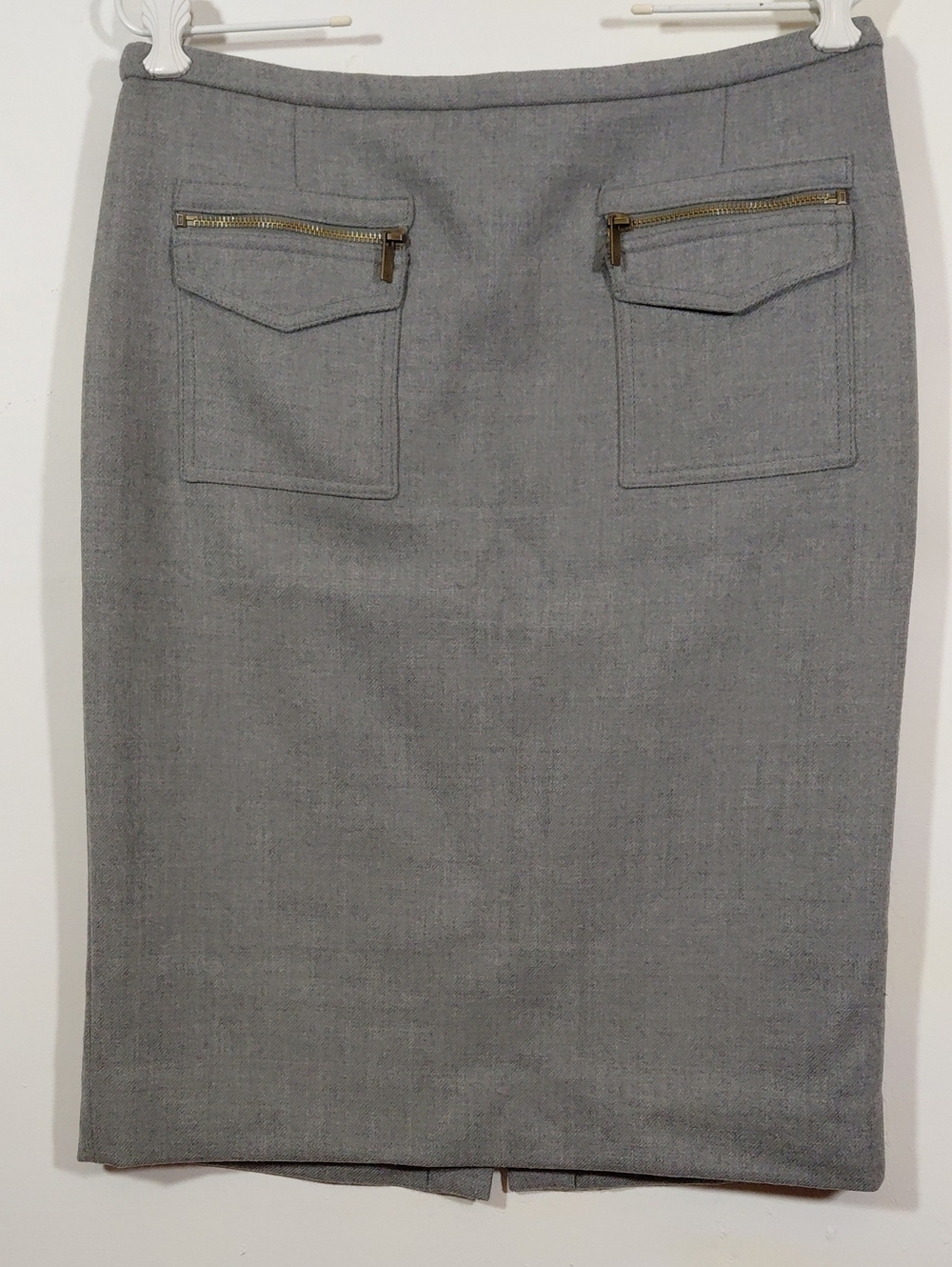 J. Crew 100% Wool Gray Lined Pencil Skirt Front Zip Pockets Back Slit Size 8